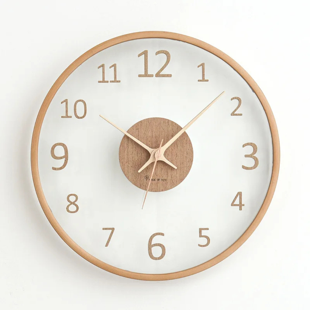 Metron - Reloj de Pared de Madera Elegante con Acabado de Vidrio Chic
