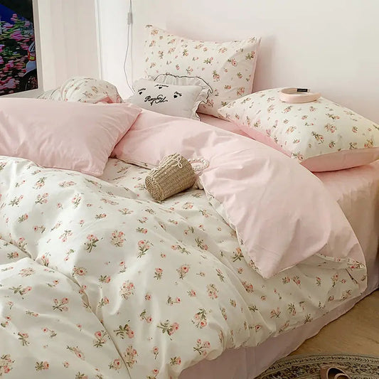 Juego de ropa de cama con flores rosas románticas - Funda de edredón y fundas de almohada de poliéster suave para un dormitorio acogedor