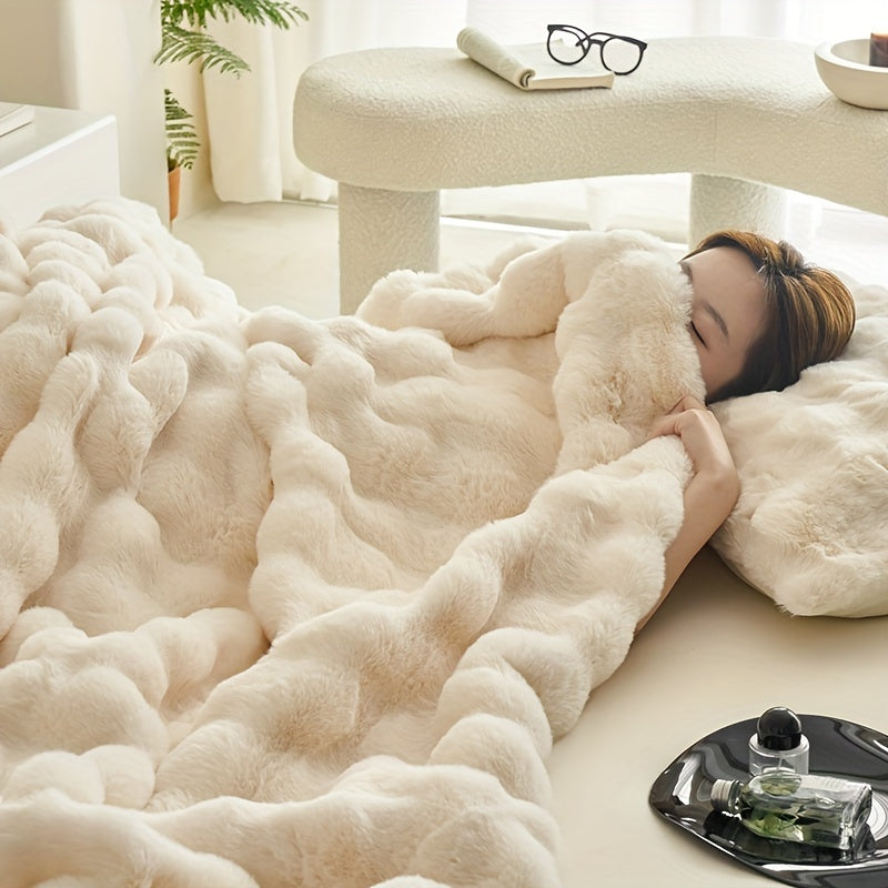Mantas de forro polar beige suave de lujo - Manta gruesa y cálida de felpa para sala de estar y dormitorio