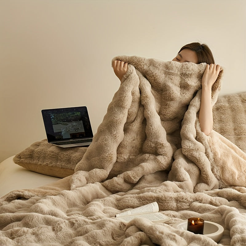 Mantas de forro polar beige suave de lujo - Manta gruesa y cálida de felpa para sala de estar y dormitorio