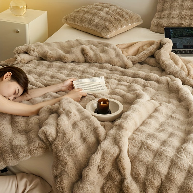 Mantas de forro polar beige suave de lujo - Manta gruesa y cálida de felpa para sala de estar y dormitorio