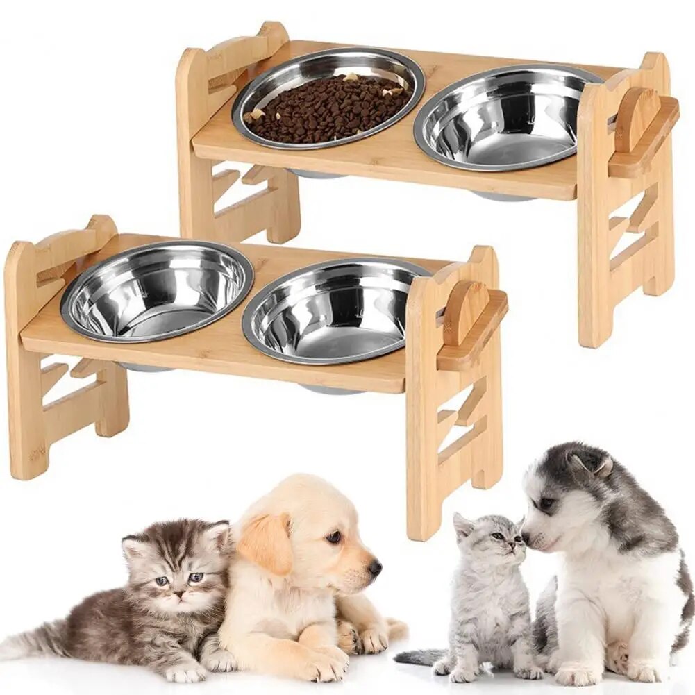 Juego de alimentación doble de lujo PawElegance con bambú suave y acero inoxidable para mascotas