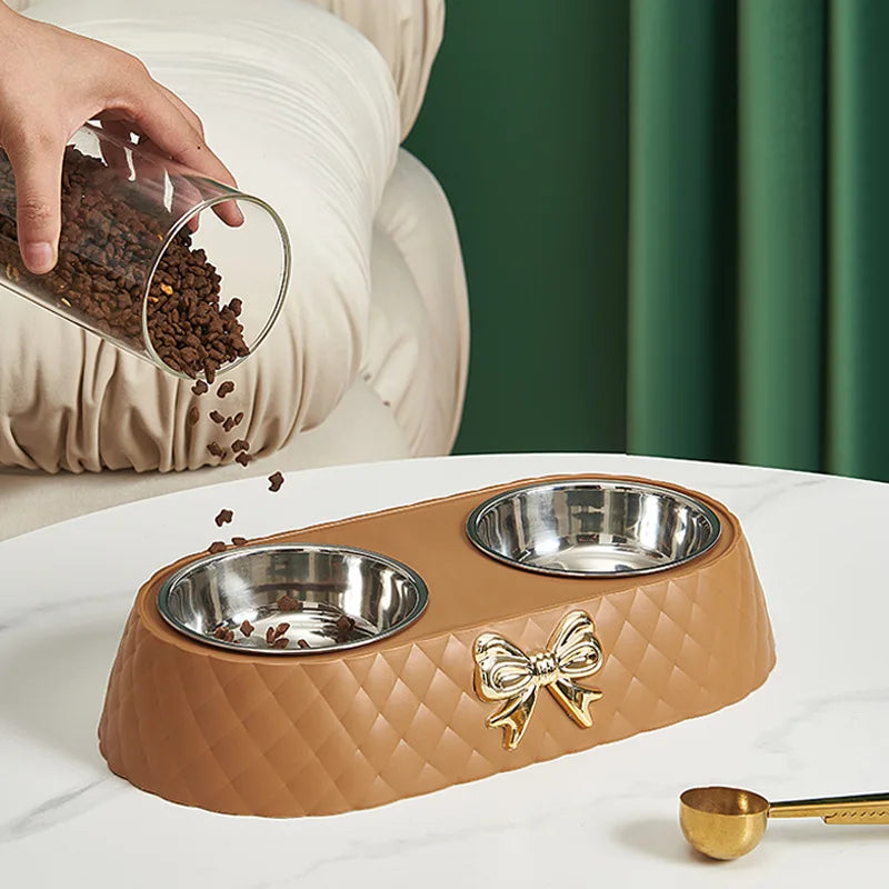 Juego de tazones de acero inoxidable de lujo para comida y agua para el cuidado elegante de mascotas