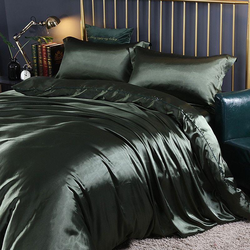 Elegante juego de ropa de cama de satén de seda de 4 piezas que incluye funda nórdica, sábana ajustable y fundas de almohada para máxima comodidad