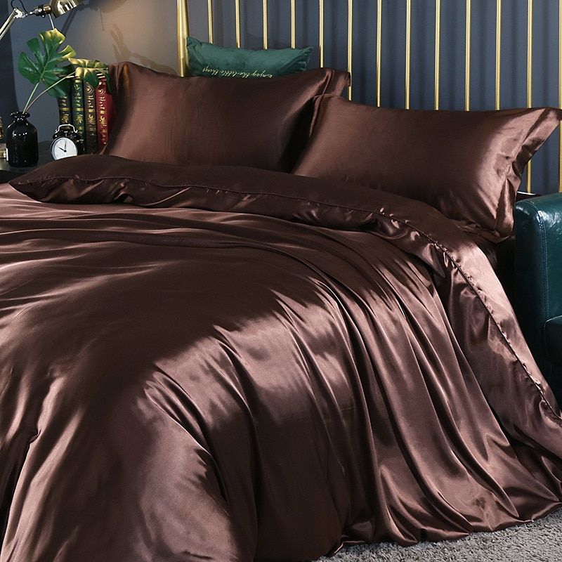 Elegante juego de ropa de cama de satén de seda de 4 piezas que incluye funda nórdica, sábana ajustable y fundas de almohada para máxima comodidad