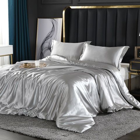 Elegante juego de ropa de cama de satén de seda de 4 piezas que incluye funda nórdica, sábana ajustable y fundas de almohada para máxima comodidad