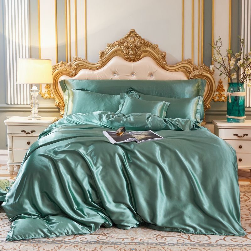 Elegante juego de ropa de cama de satén de seda de 4 piezas que incluye funda nórdica, sábana ajustable y fundas de almohada para máxima comodidad