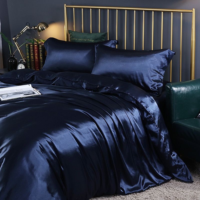 Elegante juego de ropa de cama de satén de seda de 4 piezas que incluye funda nórdica, sábana ajustable y fundas de almohada para máxima comodidad