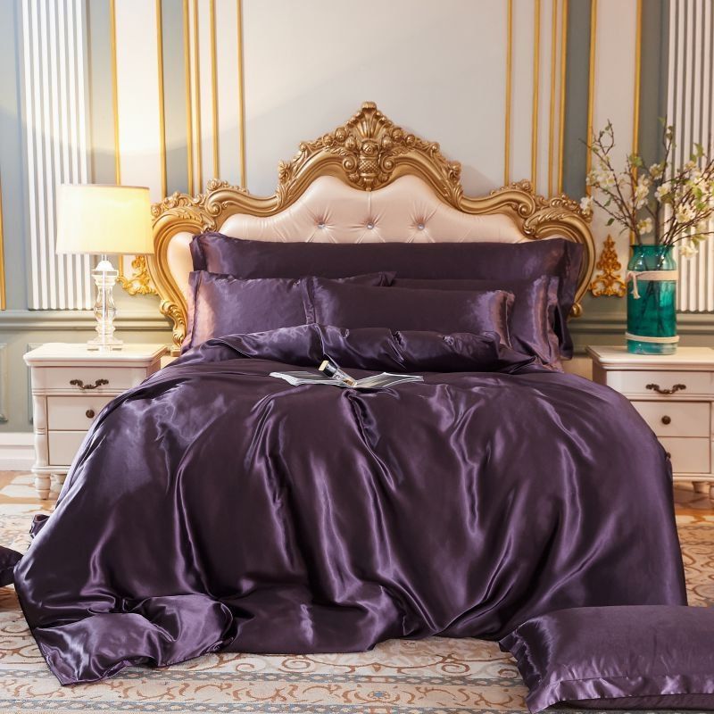 Elegante juego de ropa de cama de satén de seda de 4 piezas que incluye funda nórdica, sábana ajustable y fundas de almohada para máxima comodidad