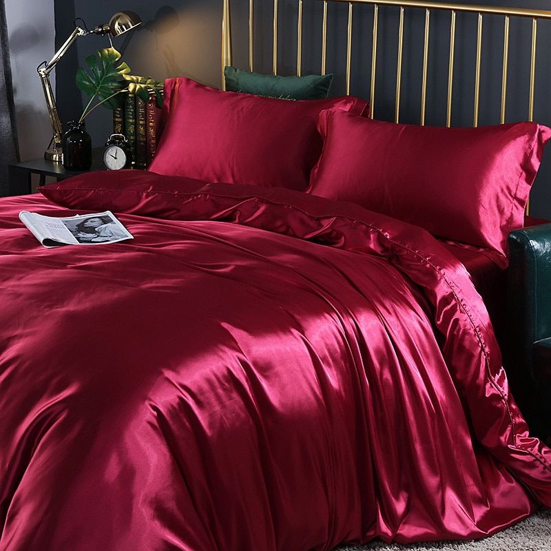 Elegante juego de ropa de cama de satén de seda de 4 piezas que incluye funda nórdica, sábana ajustable y fundas de almohada para máxima comodidad