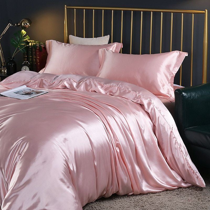 Elegante juego de ropa de cama de satén de seda de 4 piezas que incluye funda nórdica, sábana ajustable y fundas de almohada para máxima comodidad