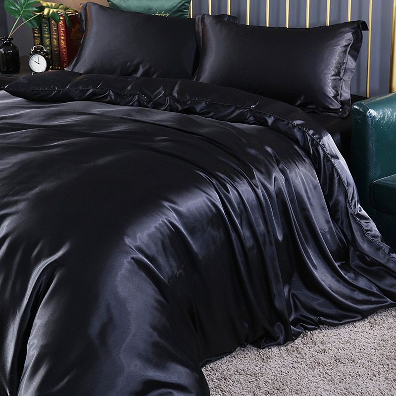 Elegante juego de ropa de cama de satén de seda de 4 piezas que incluye funda nórdica, sábana ajustable y fundas de almohada para máxima comodidad