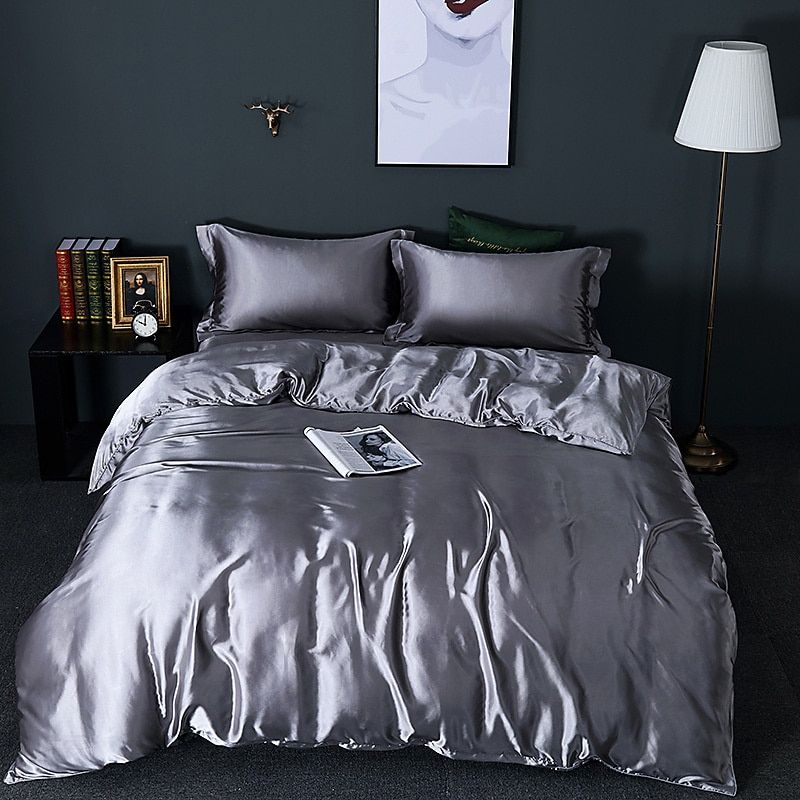 Elegante juego de ropa de cama de satén de seda de 4 piezas que incluye funda nórdica, sábana ajustable y fundas de almohada para máxima comodidad