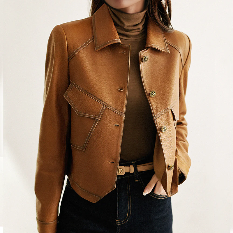 Elegant women's jacket in stylish brown tone with long sleeves